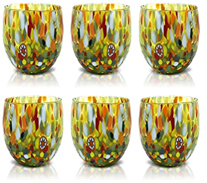 MAZZEGA ART & DESIGN - 6 vasos goto agua de cristal soplados y hechos a mano con Murrine Murano refinados y originales - Los colores de Murano - Modelo Classic 320 ml. Made in Italy