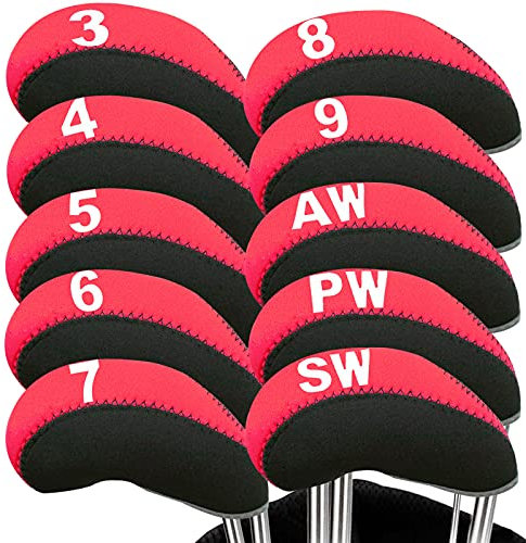 Capuchon de Golf Club Couvre Fer Protection Long Cou Impression de Numéro Value 10 Pcs, Housses de Tête de Club de Golf avec Fermeture éclair, Adaptées à Toutes Les Marques (Rose -No Fenêtre)