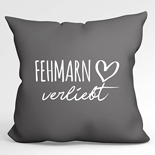 Huuraa Sofakissen Fehmarn verliebt Geschenk 40x40cm mit Füllung Steel Grey Baumwolle Fehmarn Mitbringsel
