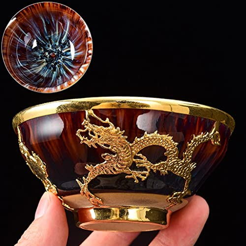 Teetassen Tenmoku Teetasse Handeingelegter Goldener Drachen Und Phönixpokal, Kiln Transformation Bunter Meisterbecher, Kung Fu Teeschale Sake Teaware, Geschenkbox Verpackung