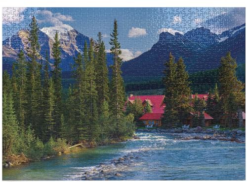 ABAKUHAUS Natur Puzzle, Lake Louise Banff Dorf, Heirloom-Qualität lustige Aktivität für die Familie langlebiger Karton, 1000 Stücke, Forest Green Turquoise