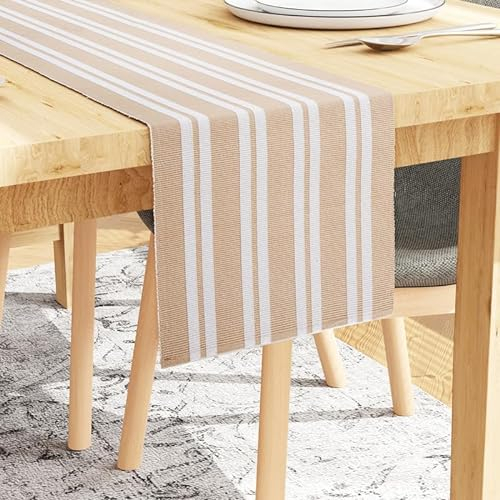 Encasa XO Tischläufer | Garngefärbte Feinripp-Baumwolle | Größe 32x250 cm | Franca Beige Streifen | Maschinenwaschbar