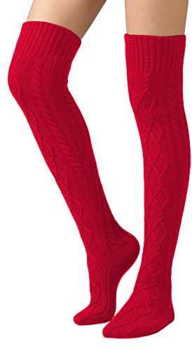SherryDC Damen Zopfmuster Oberschenkelhoch Stiefelsocken extra lang Winterstrümpfe Beinstulpen, rot, Einheitsgröße