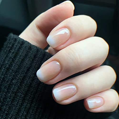 JUSTOTRY 24 Pcs White Square Short False Nails,Gradient Nude French Press on Nail Pattern, Pretty Fake Nails Medium,Stick on Nail for Women,Squoval Nails Fake for Nail Art