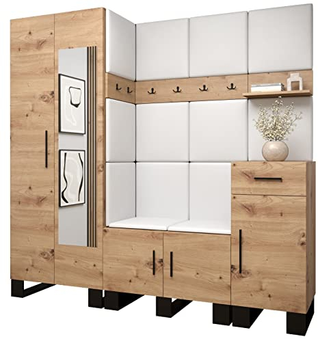MEBLE KRYSPOL Garderobe Artin Set 13 mit gepolsterten Paneelen Industriell Design (Artisan Eiche + weißes Öko-Leder)