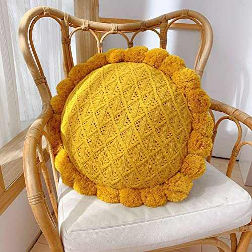 IXITON Rundes Kreatives Strickkissen Pompoms Kissen Sonnenblumenkissen Dekokissen Wurfkissen mit Einlage Plüschkissen für Couch Sofa Bett, 50cm (hellgelb)