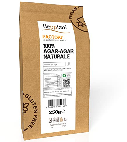Agar Agar in polvere 250g Beppiani Factory – gelificante, addensante naturale professionale per dolci, gelatina caramelle gommose, cucina molecolare, vegana, ipocalorica, gluten free -con ricettario