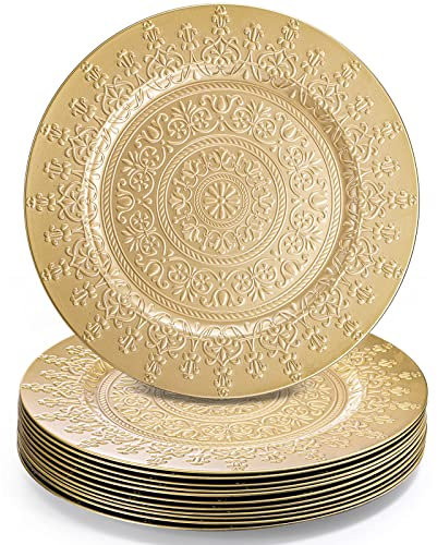 YOUEON Set of 12 Gold Charger Plates with Embossed Pattern 13 Inch Round Plastic Chargers Gold Chargers for Dinner Charger for Party, Wedding, Catering Event, Tabletop Decor