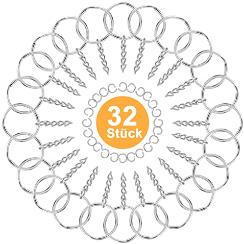 32 Stück Runde Schlüsselringe mit Kette, DIY Schlüsselring Anhänger mit Gliederkette, Multifunktionalen Metall Schlüsselanhänger, Schlüssel Zubehör für Handwerk, Taschenanhänger, Autoanhänger