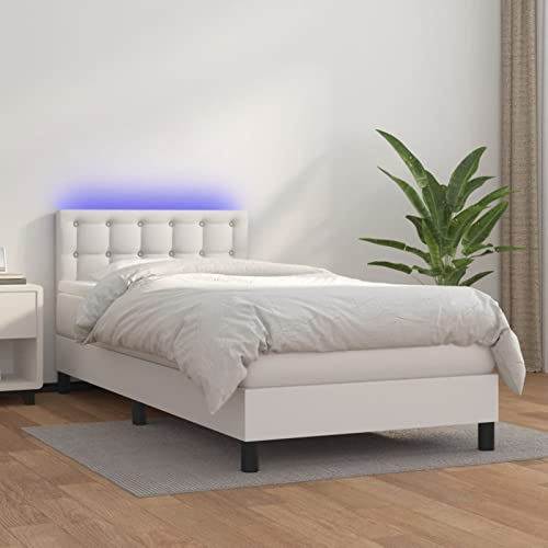NITCA Boxspringbett 90 x 200 cm mit Matratze und Led Bett Komplett Polsterbett 90 x 200 cm Mit Matratze Bett Mit Led Boxspringbett Led Schlafzimmerbett Doppelbett Komplett Weiß-20 Kunstleder