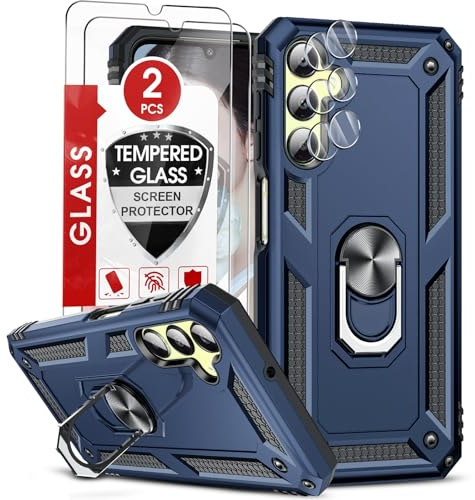 LeYi Hülle für Samsung Galaxy A25 5G Rugged Armor Handyhülle mit 2*Schutzfolie & 2*Kamera Schutzfolie, Militärischer 360° Ständer Schutzhülle Stoßfest Hardcase Cover für Samsung A 25 Blau
