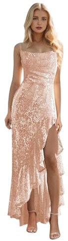 UMLXYER Robes de Bal à Paillettes Scintillantes pour Femmes Spaghetti Strap Ruffles Robe Longue Robes de soirée Formelles avec Fente Rose Gold 7XL