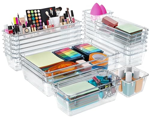 GRANDAT® 25 Stücke Schubladen organizer mit 4 Größen-Klar Kunststoff ordnungssystem Schminktisch Organizer Einsetzbar für Badezimmer Drawer schreibtisch für Küchen Schmuck Schlafzimmer Büro bad Makeup