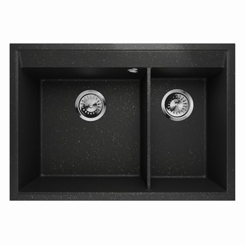 Granitspüle Doppelbecken Küchenspüle Einbauspüle Spülbecken Siphon Restbecken 2-1,5 Becken Frame 2.5 (Schwarz Vergoldet)
