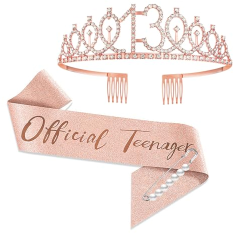 YongHang 13 Geburtstag mädchen Deko Schärpe und Tiara Rose Gold 13. Geburtstag Geschenke Krone für Birthday Girl Party Dekorationen Geschenke mädchen 13 jahre
