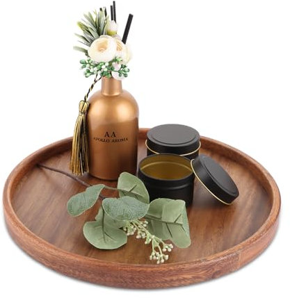 LDXDRU Bandeja decorativa redonda de 30 cm, rústica, nogal, bandeja de madera, vintage, marrón, bandeja decorativa, bandeja de servir, bandeja de madera, para café y decoración del hogar