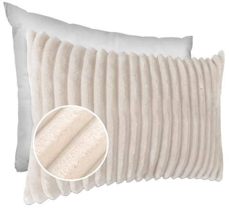 Dekokissen Kissenbezug Sofakissen Pillow Plüsch Kuschelkissen Zierkissen Cord Kissen Couchkissen Kord Kissenhülle ultraweich gestreift Lilli 30x50cm mit Füllung Elfenbein