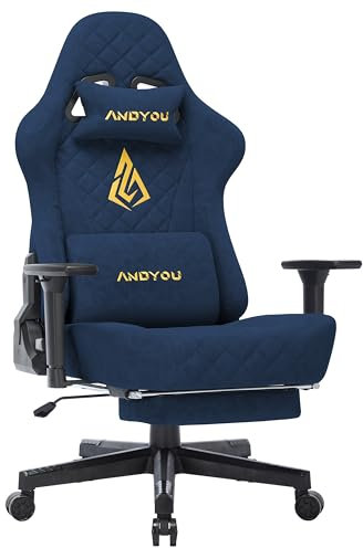 Andyou Gaming Stuhl Racing Gamer Sessel, Ergonomischer Gaming Chair Bürostuhl mit Verstellbare Lendenkissen, Fußstütze, Kopfkissen und 2D Armlehnen, Vintage-PU-Leder 90-150°, blau
