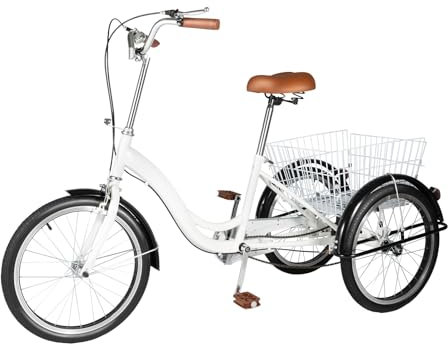 WooDerson 20 Zoll Weiß Dreirad Fahrrad Erwachsene Aus Karbonstahl, Dreirädrige Fahrrad Mit Korb, Max Belastung 110kg, Anti-Rutsch-Pedale, Duales Bremssystem, Unisex