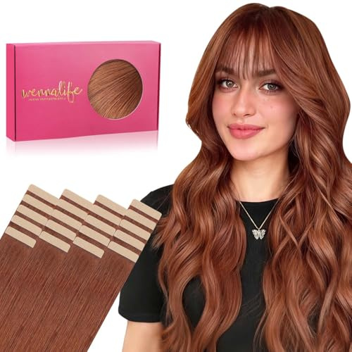 WENNALIFE Tape in Haarverlängerungen Echthaar, 20pcs 50g 14 Zoll dunkle Rotbraun Kupfer Remy Haarverlängerungen gerade Echthaar Tape in Extensions Haut Schuss Tape Extensions Echthaar