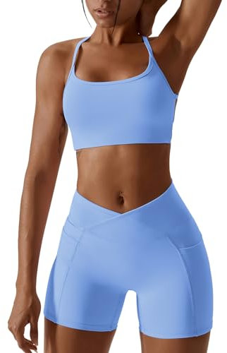 OBEEII Damen Sportanz�ge Jogginganzug Sport Sets 2 Teilig Workout Outfit Set Sports BH und Leggings Fitness Kleidung Set Gym Laufen Tennis Yoga Set Blau S