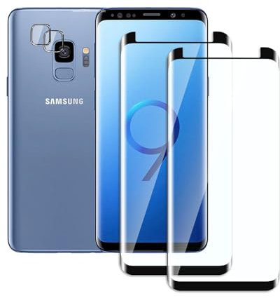QZJinch Lot de 4, 2 x Verre Trempé pour Samsung Galaxy S9 et 2 x Protection Caméra Arrière,3D Incurvé Couverture Complète,Dureté 9H,HD Transparent,Anti Rayures,Compatible avec Samsung Galaxy S9