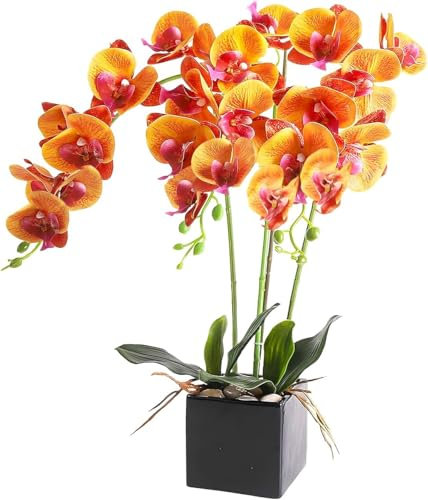cailion Künstliche Orchideen Kunstblumen Künstliche Phalaenopsis Orchidee Bonsai künstliche Blumen mit Imitation Gefälschte Orchideen für Wohnzimmer Badezimmer Tischdekoration (orange1)
