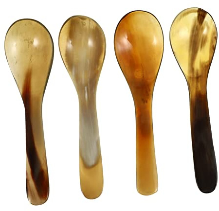 4pcs Ox Horn Coffee Spoons, Smooth Ground Dessert Scoops for Cake | Natural Horn Construction, Multi-Purpose Serving Utensils, Random Unique Patterns