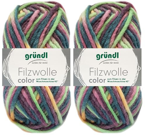 Gründl Color Lot de 2 pelotes de laine à feutrer, 50 g chacune, en 100 % laine vierge pure, avec instructions pour les maniques (44 rose, vert, multicolore)