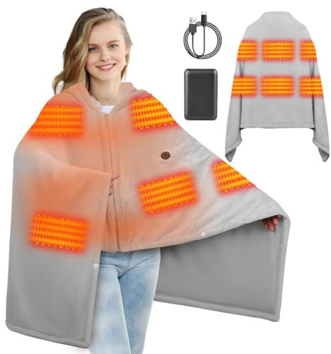 Moteoza Kabellos USB Heizdecke mit Akku 180x90cm Outdoor Camping Schnurlose Wearable Elektrische Heizdecke, 3 Heizstufen Wärmekissen für Rücken, Nacken Schulter, Flanell waschbar (Grau A)