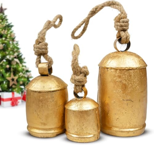 Decorative Cow Bells Set of 3 Large Harmony Bells - Vintage Giant Christmas Bells, Country Rustic Cowbells with Jute Rope - XL Hanging Lucky Golden Bells for Farmhouse Decor, Holiday, Home (4-6-8)