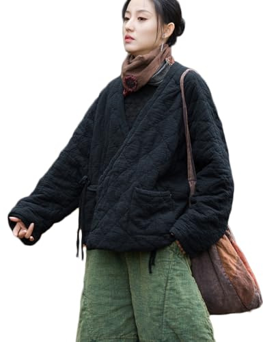 NFYM Cardigan da donna leggero in cotone trapuntato avvolgente con allacciatura sul davanti aperto giacca calda con tasca, nero, taglia unica