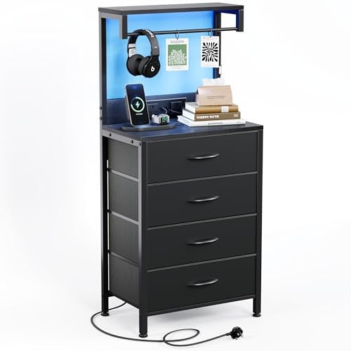 MUTUN Bedside Table with Charging Station, Bedside Cabinet with LED Light, Nightstand with Wood Shelf, 4 Fabric Drawers Side Table for Bedroom, Black