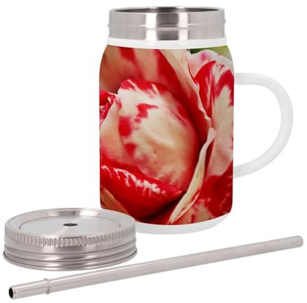 Mug Isotherme en Inox avec Couvercle et Paille - Rose Rouge et Blanche Fleur Rosier - 500 ml - Tasse Thermo