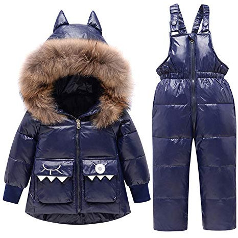 vejtmcc Juego de 2 baberos para niña, chaqueta, pantalones, dibujos animados, con capucha, abrigo, traje de nieve y ropa de niña y chaqueta polar para mujer, azul oscuro, 5-6 Años