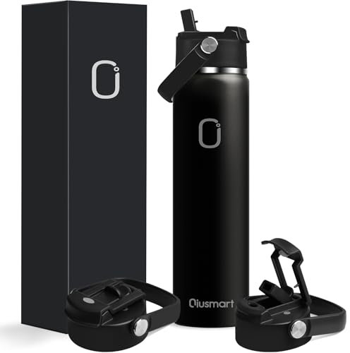 Qiusmart Edelstahl Trinkflasche mit Strohhalm 750ml: Auslaufsichere doppelwandige vakuumisolierte Flasche für Sport, Reisen, Fitnessstudio, BPA-frei (Schw1arz, 750ml)
