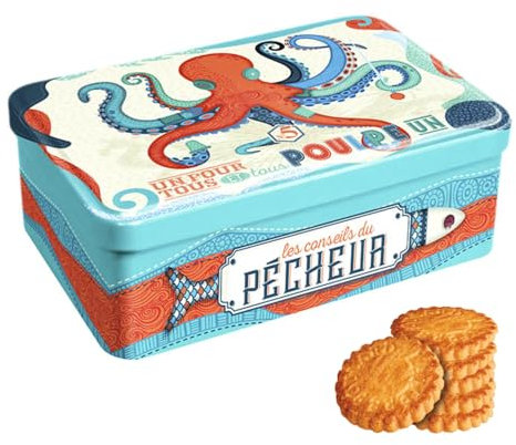 Atelier D® | Latta Metallo Biscotti Burro | Frollini Burro Sale | Galettes e Palets al Fior di Sale - 350 Gr | Latta Metallo Disegno Polipo