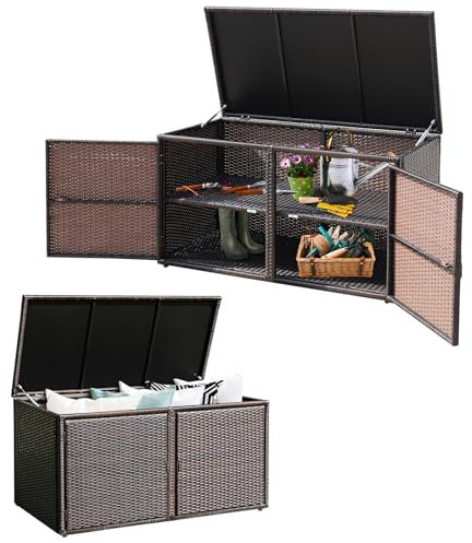 LIFEZEAL Rattan Aufbewahrungsbox mit 2 Ebenen, Große Auflagenbox mit Türen & Deckel, Aufbewahrungstruhe Gärtnerschrank für Innen- und Außenbereich, 115 x 60 x 65 cm (Braun)