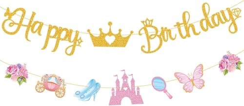 Rosa Guirnalda Feliz Cumpleaños Happy Birthday Banner Guirnaldas Cumpleaños con Castillo,carruaje y Zapatilla de Cristal para Mujer Niñas Fiesta de cumpleaños Baby Shower (A)