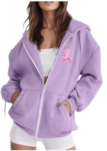 Générique Cancer du Sein Octobre Rose Sweat à Capuche Femme Cotton Sweatshirt avec Poches Hoodies Zippé Veste de Sport Blousons Casual Printemps Automne Sweat à Capuche Style Sport Cardigan Femme