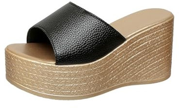 Sandali da donna con zeppa, sandali da donna con tacco, sandali romani, peep toe, scarpe da spiaggia, scarpe da spiaggia, décolleté, scarpe da giardino, Nero , 39 EU