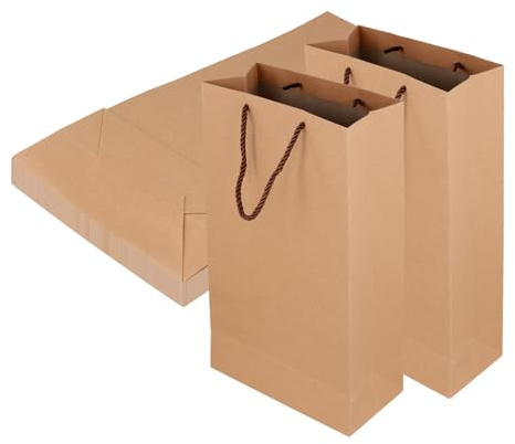 SENJEOK 20 PCS Kraft Paper Double Wine Bags with Handles, Bulk Brown Two Wine Bottle Gift Bag for Wedding Whiskey Party, 35 x 18 x 9 cm