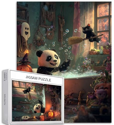 Panda in Bubble Bath 1000 Piece Jigsaw Puzzles for Adults Black Cat on Broom Art Jigsaw Puzzle Challenging Family Activity Games Colorful DIY Craft Puzzle for Home Decor Gifts 20×27 Inches
