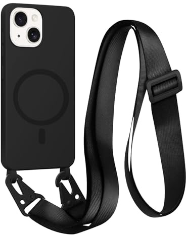 FMPCUON Crossbody Lanyard Case for iPhone 14 Compatible with MagSafe,Adjustable Neck Cord Lanyard Strap Stylish Shockproof Silicone,Black