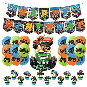 CMDWMH Monster Jam Geburtstagsdeko: Monster Truck Geburtstag Deko mit Luftballons, Kuchendeko und Girlande in rot, schwarz, silber