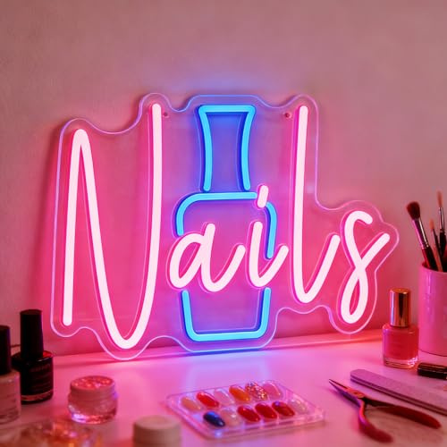 Nails LED Neon Signs for Wall Decor Acrylic LED Neon Light with Hanging Chain Light Up Signs for Open Welcome Signage Business Light Nail Room Decor Makeup Nail Studio 5V USB Operated Dimmable