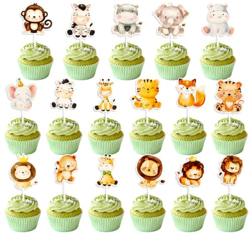 Wznnlt 34Pcs Jungle Safari Animal Cupcake Toppers Animal Cake Decorations for Kids Wild One Cake Topper Baby Shower Celebration Events