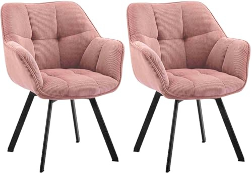 CLP Esszimmerstuhl 2er Set ergonomisch Jordi Cord, drehbar mit Armlehnen, Polstersessel, 4-Fuß-Metallgestell, bis 150 kg, mit Bodenschonern, Farbe:rosa