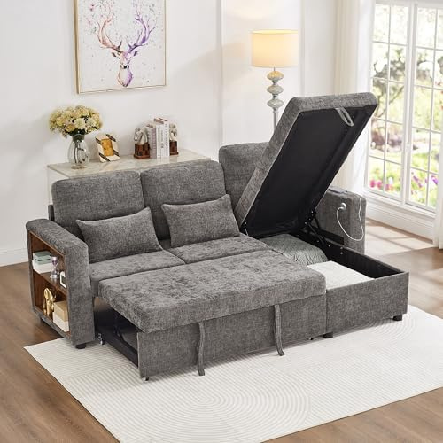 BTM 3-in-1 Convertible Sofa Bed 3 Seater with Reversible Storage Chaise, L-Shaped Corner Sofa with Pull Out Bed, Grey