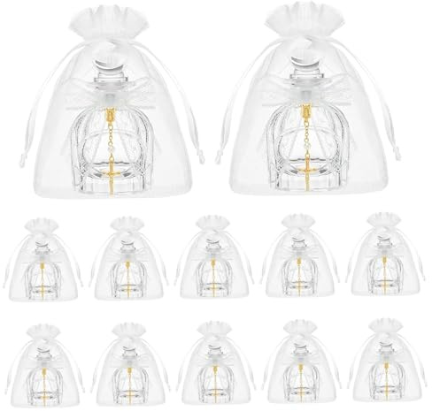 Grsrkep Juego de 12 botellas de agua bendita, elegantes botellas de cristal con pulsera cruzada y lazo de encaje para recuerdos de bautismo, comunión, boda en la iglesia